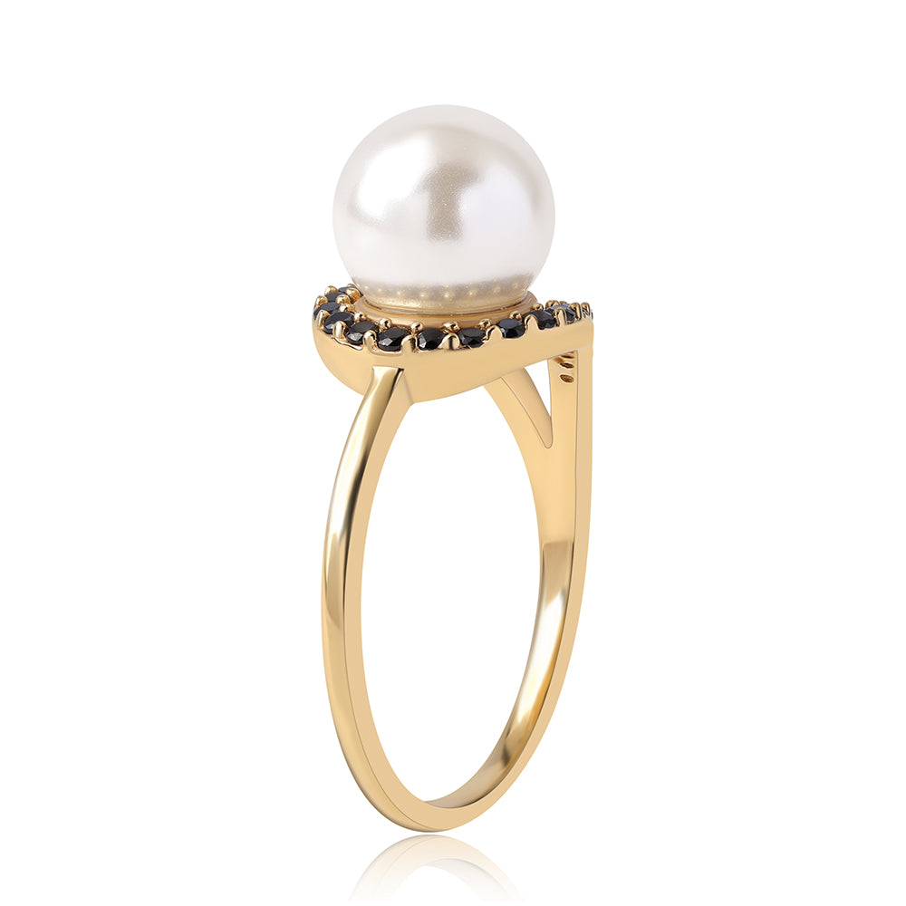 Inel din Argint 925 Placat cu Aur ( 2.92 grame ) cu Spinel Negru și Perlă de Apă Dulce Albă 6.26 Carate 2 