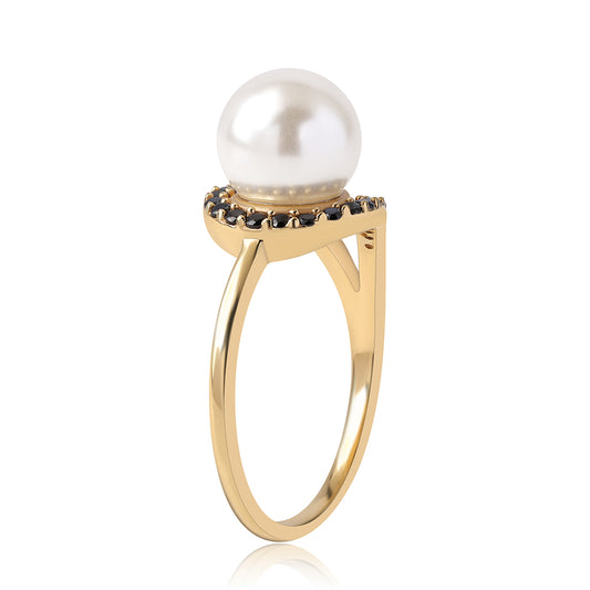 Inel din Argint 925 Placat cu Aur ( 2.92 grame ) cu Spinel Negru și Perlă de Apă Dulce Albă 6.26 Carate