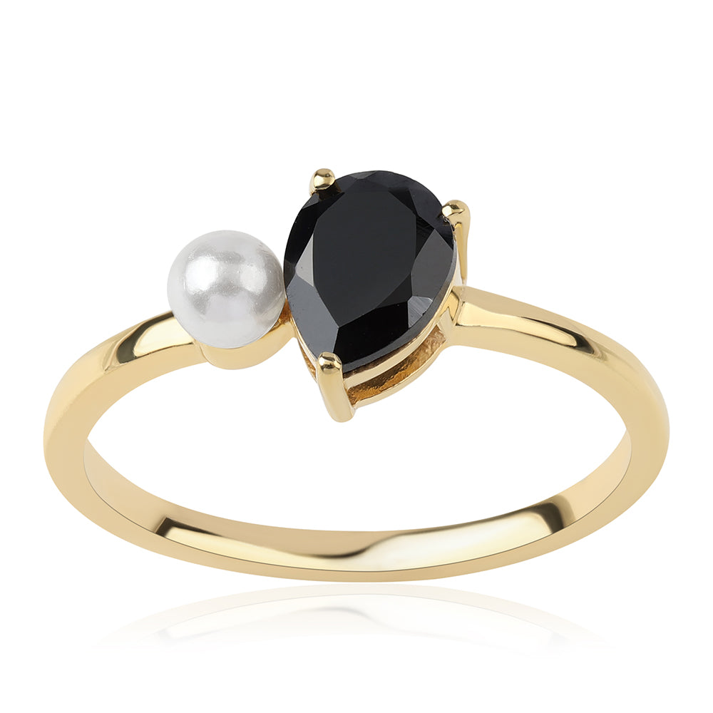 Inel din Argint 925 Placat cu Aur ( 1.94 grame ) cu Spinel Negru și Perlă de Apă Dulce Albă 1.85 Carate 1 