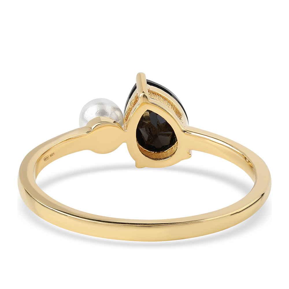 Inel din Argint 925 Placat cu Aur ( 1.94 grame ) cu Spinel Negru și Perlă de Apă Dulce Albă 1.85 Carate 3 