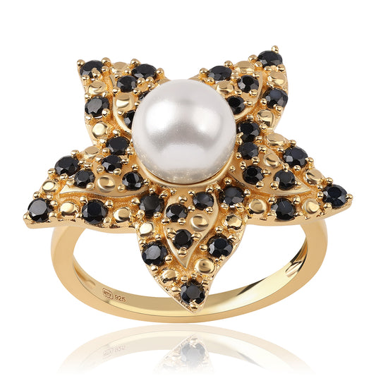 Inel din Argint 925 Placat cu Aur ( 6.14 grame ) cu Spinel Negru și Perlă de Apă Dulce Albă 4.63 Carate
