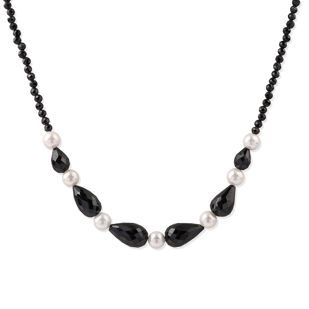 Colier din Argint 925 Placat cu Aur ( 0.93 grame ) cu Spinel Negru și Perlă de Apă Dulce Albă 69.4 Carate