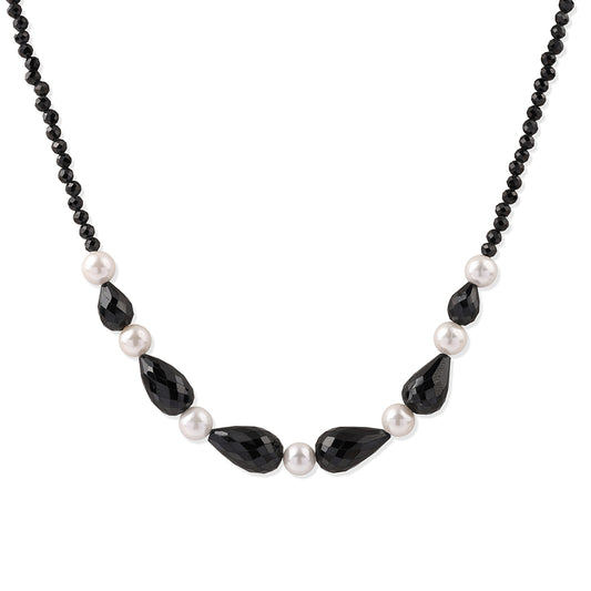 Colier din Argint 925 Placat cu Aur ( 0.93 grame ) cu Spinel Negru și Perlă de Apă Dulce Albă 69.4 Carate