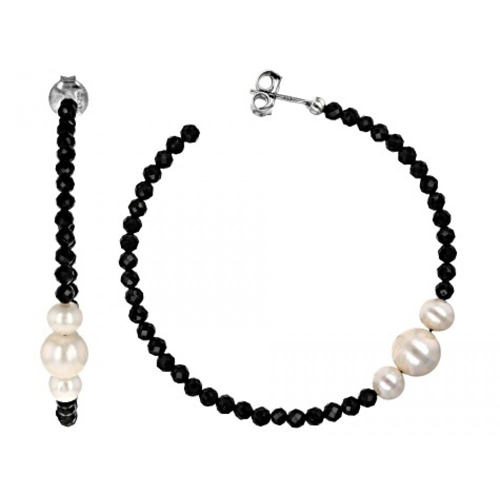 Cercei din Argint 925 Placat cu Aur ( 2.76 grame ) cu Spinel Negru și Perlă de Apă Dulce Albă 14.94 Carate 1 
