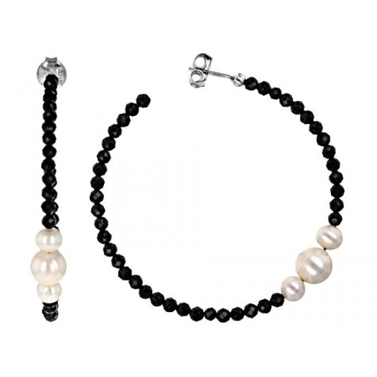 Cercei din Argint 925 Placat cu Aur ( 2.76 grame ) cu Spinel Negru și Perlă de Apă Dulce Albă 14.94 Carate
