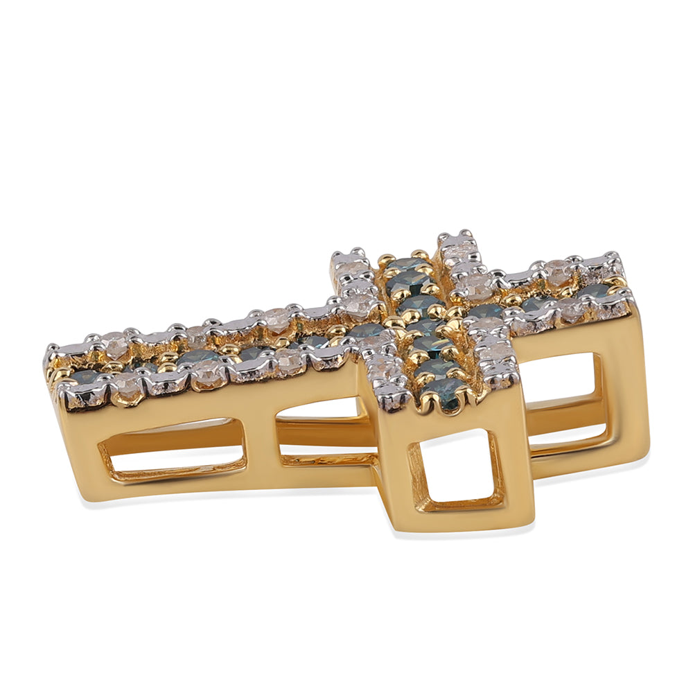 Cruce Pandantiv din Argint 925 Placat cu Aur ( 1.21 grame ) cu Diamant Albastru și Diamant Alb 0.43 Carate 2 