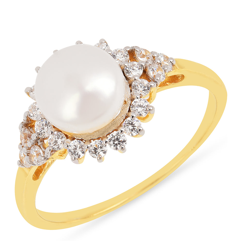 Inel din Argint 925 Placat cu Aur ( 1.95 grame ) cu Perlă de Apă Dulce Crem și Zircon Alb 2.74 Carate