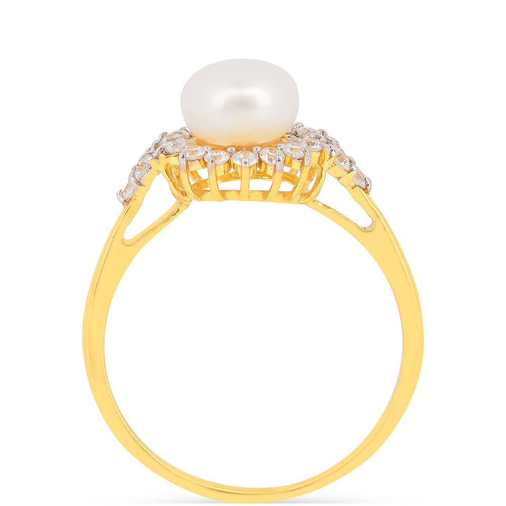 Inel din Argint 925 Placat cu Aur ( 1.95 grame ) cu Perlă de Apă Dulce Crem și Zircon Alb 2.74 Carate 3 