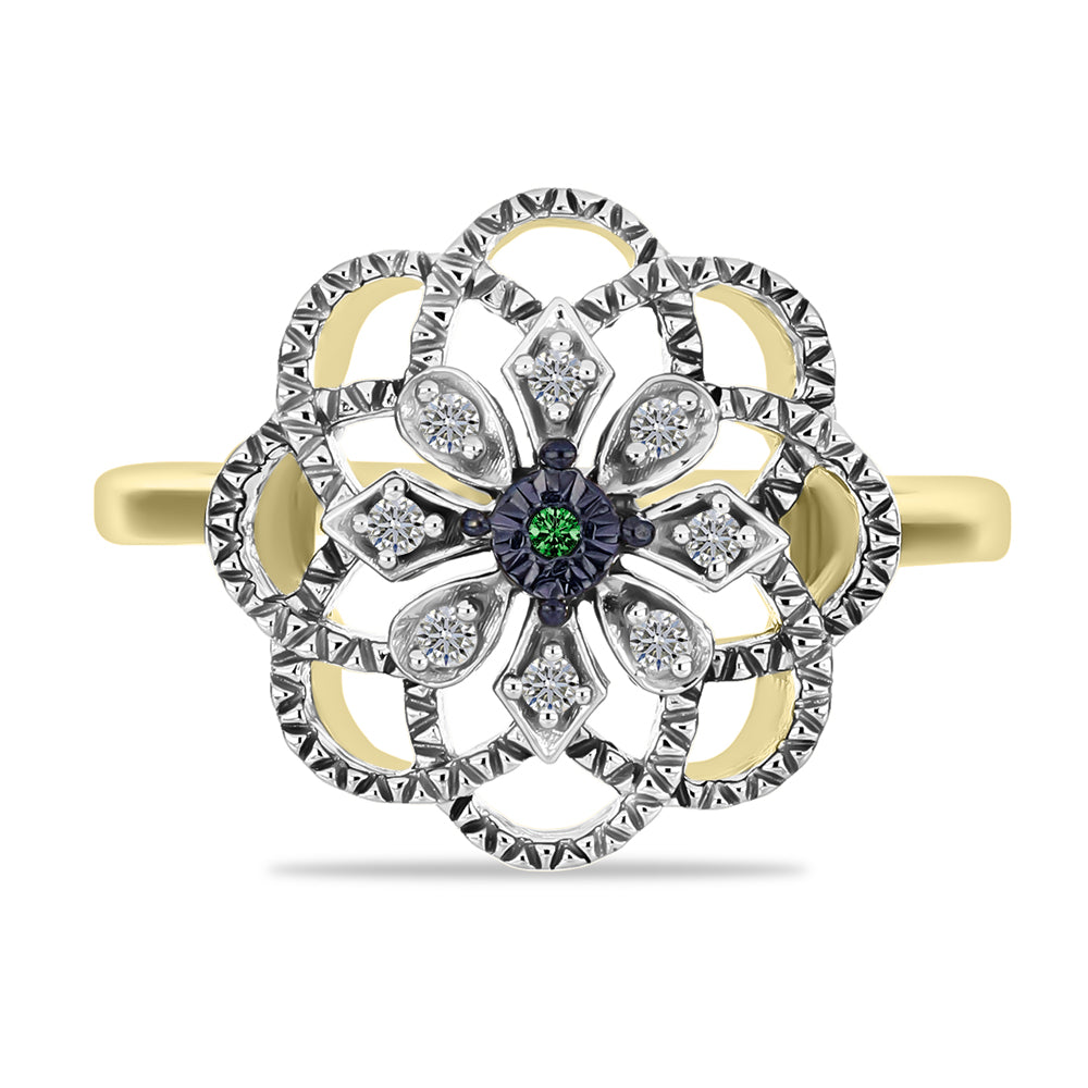 Inel din Argint 925 Placat cu Aur ( 3.41 grame ) cu Diamant Verde și Diamant Alb 0.09 Carate 1 