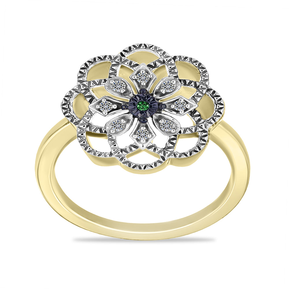 Inel din Argint 925 Placat cu Aur ( 3.41 grame ) cu Diamant Verde și Diamant Alb 0.09 Carate 3 