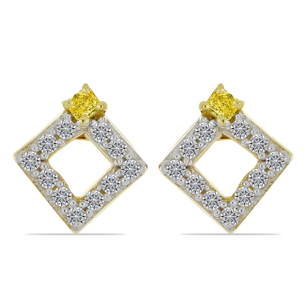 Cercei din Argint 925 Placat cu Aur ( 1.34 grame ) cu Diamant Galben și Zircon Alb Natural 0.31 Carate