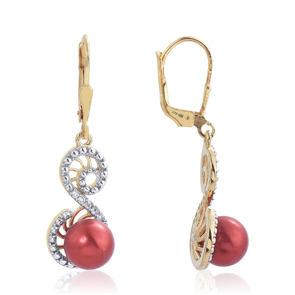 Cercei din Argint 925 Placat cu Aur ( 2.99 grame ) cu Perlă de apă dulce roșie și Topaz Alb 7.85 Carate 1 