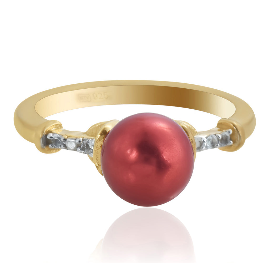 Inel din Argint 925 Placat cu Aur ( 2.57 grame ) cu Perlă de apă dulce roșie și Topaz Alb 3.93 Carate 3 