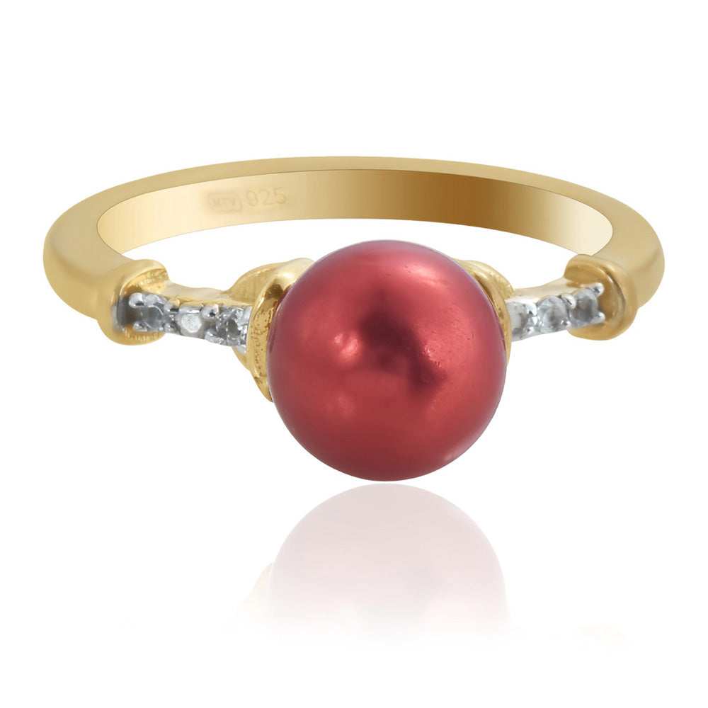 Inel din Argint 925 Placat cu Aur ( 2.57 grame ) cu Perlă de apă dulce roșie și Topaz Alb 3.93 Carate 2 