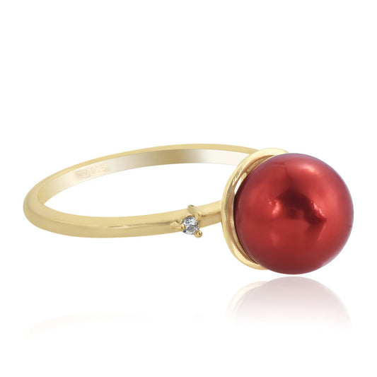 Inel din Argint 925 Placat cu Aur ( 1.89 grame ) cu Perlă de apă dulce roșie și Topaz Alb 7.46 Carate