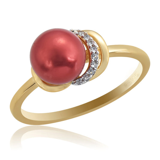 Inel din Argint 925 Placat cu Aur ( 1.9 grame ) cu Perlă de apă dulce roșie și Topaz Alb 3.91 Carate