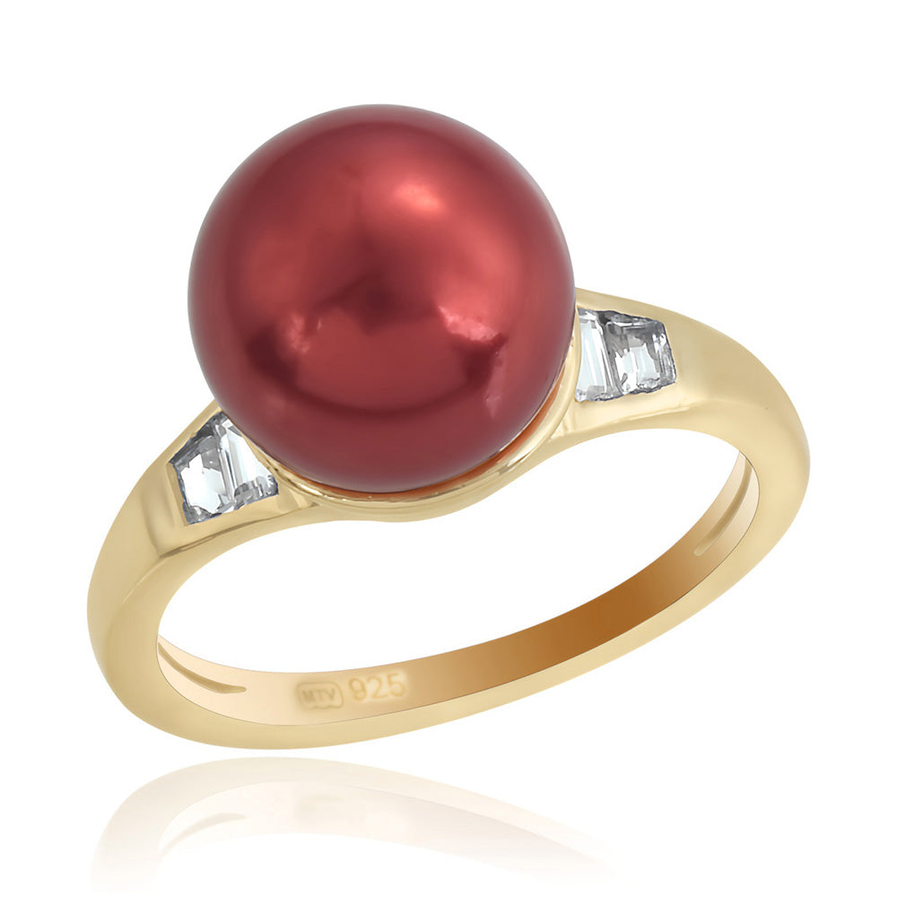 Inel din Argint 925 Placat cu Aur ( 2.52 grame ) cu Perlă de apă dulce roșie și Topaz Alb 7.62 Carate 1 
