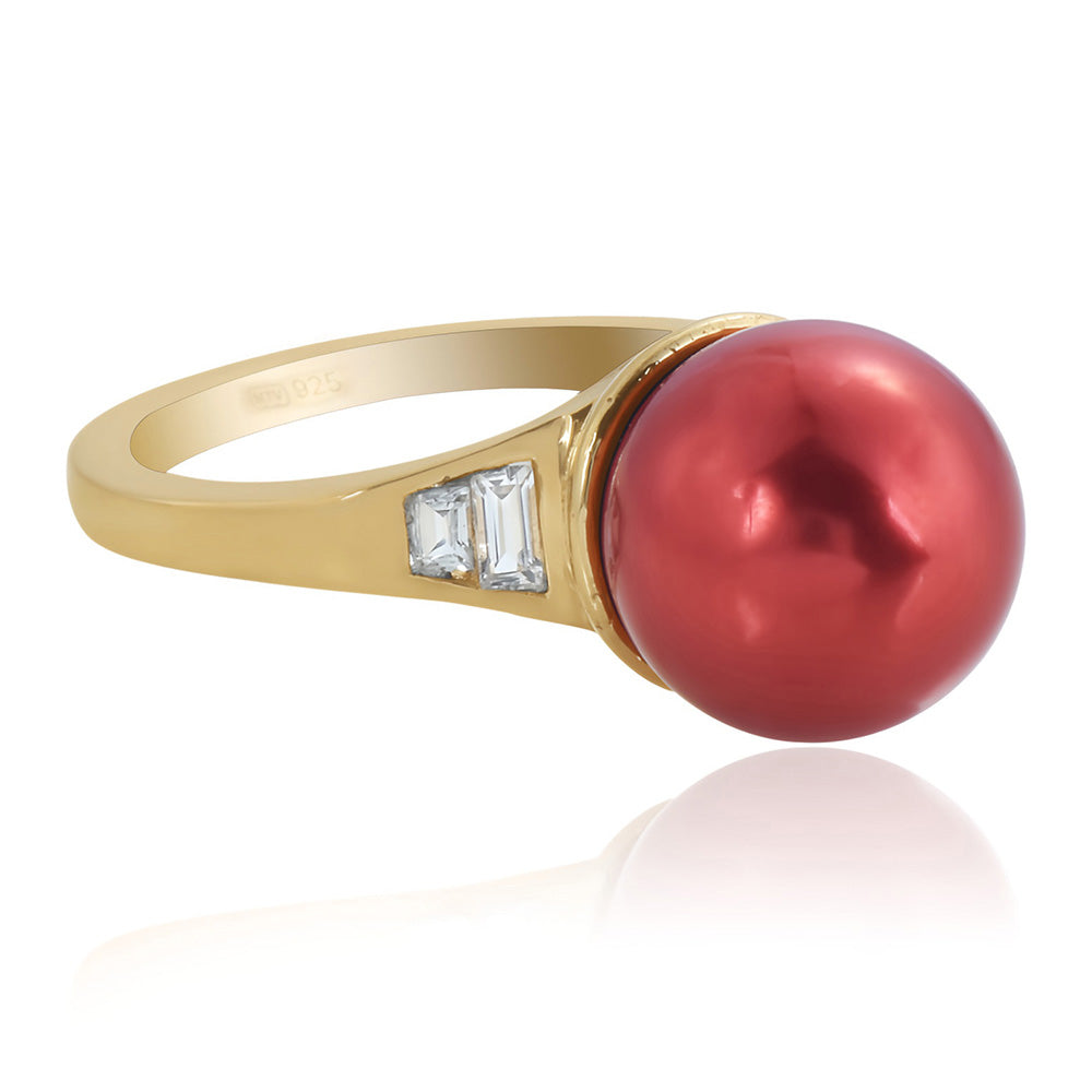 Inel din Argint 925 Placat cu Aur ( 2.52 grame ) cu Perlă de apă dulce roșie și Topaz Alb 7.62 Carate 5 