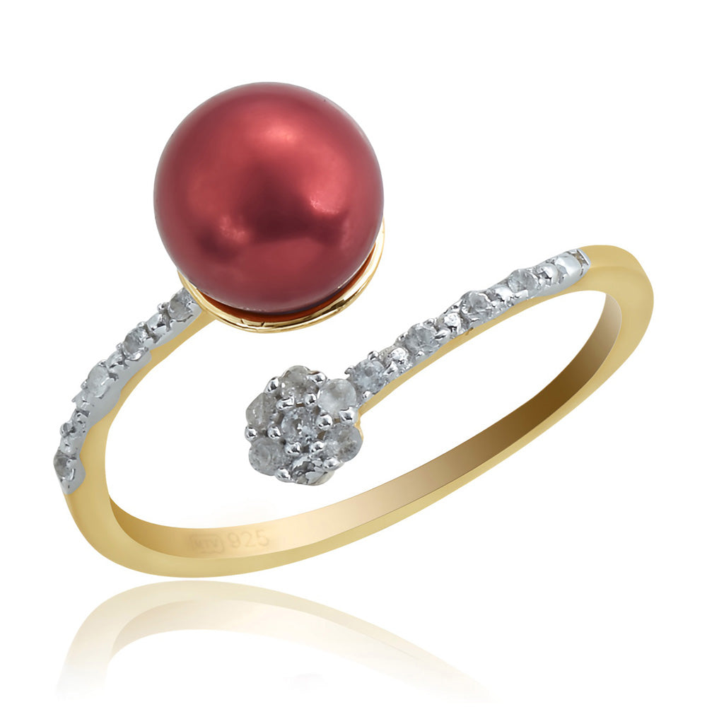 Inel din Argint 925 Placat cu Aur ( 1.72 grame ) cu Perlă de apă dulce roșie și Topaz Alb 4.06 Carate 1 