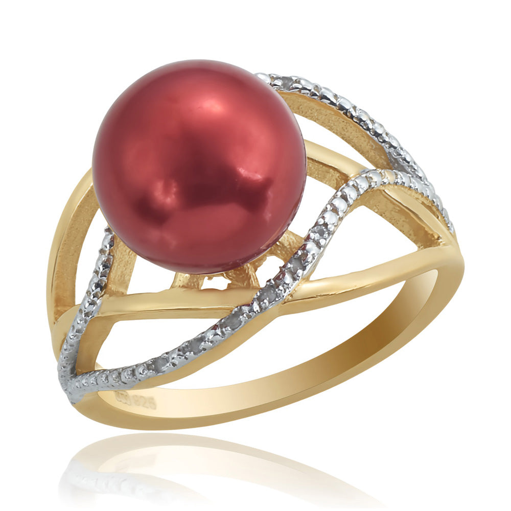 Inel din Argint 925 Placat cu Aur ( 3.62 grame ) cu Perlă de apă dulce roșie și Topaz Alb 7.5 Carate 1 