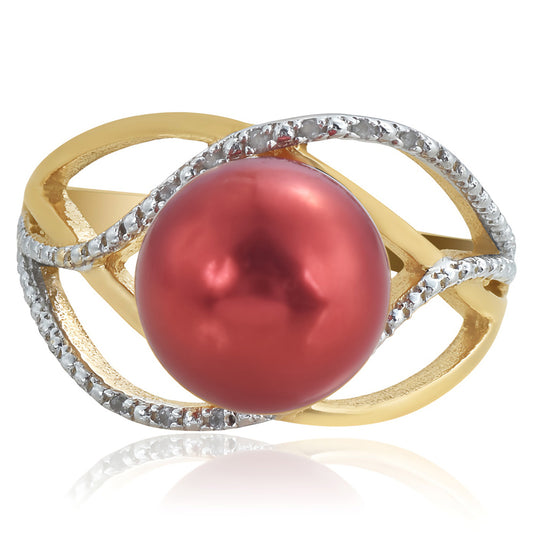 Inel din Argint 925 Placat cu Aur ( 3.62 grame ) cu Perlă de apă dulce roșie și Topaz Alb 7.5 Carate