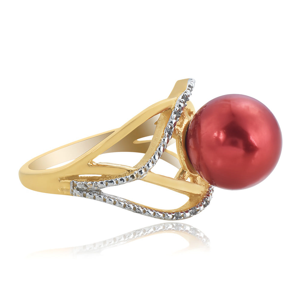 Inel din Argint 925 Placat cu Aur ( 3.62 grame ) cu Perlă de apă dulce roșie și Topaz Alb 7.5 Carate 4 