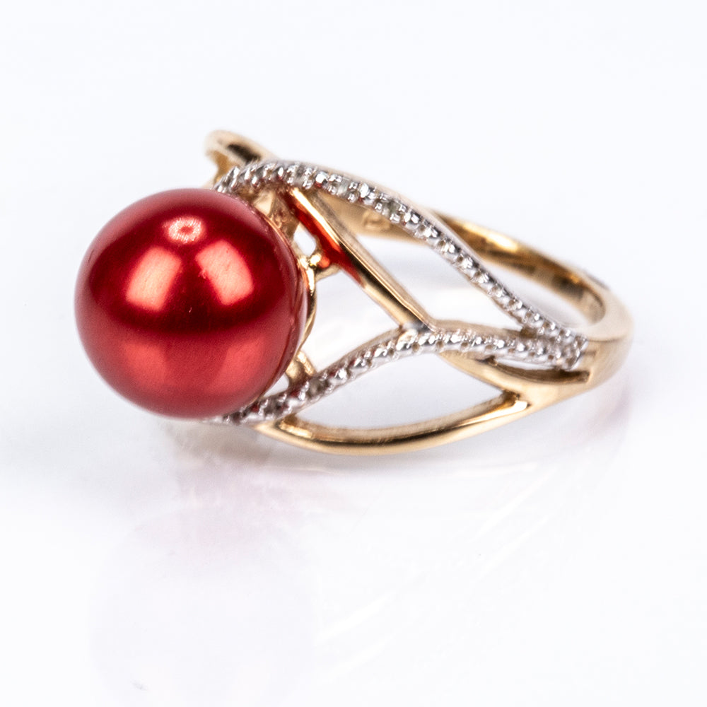 Inel din Argint 925 Placat cu Aur ( 3.62 grame ) cu Perlă de apă dulce roșie și Topaz Alb 7.5 Carate 5 