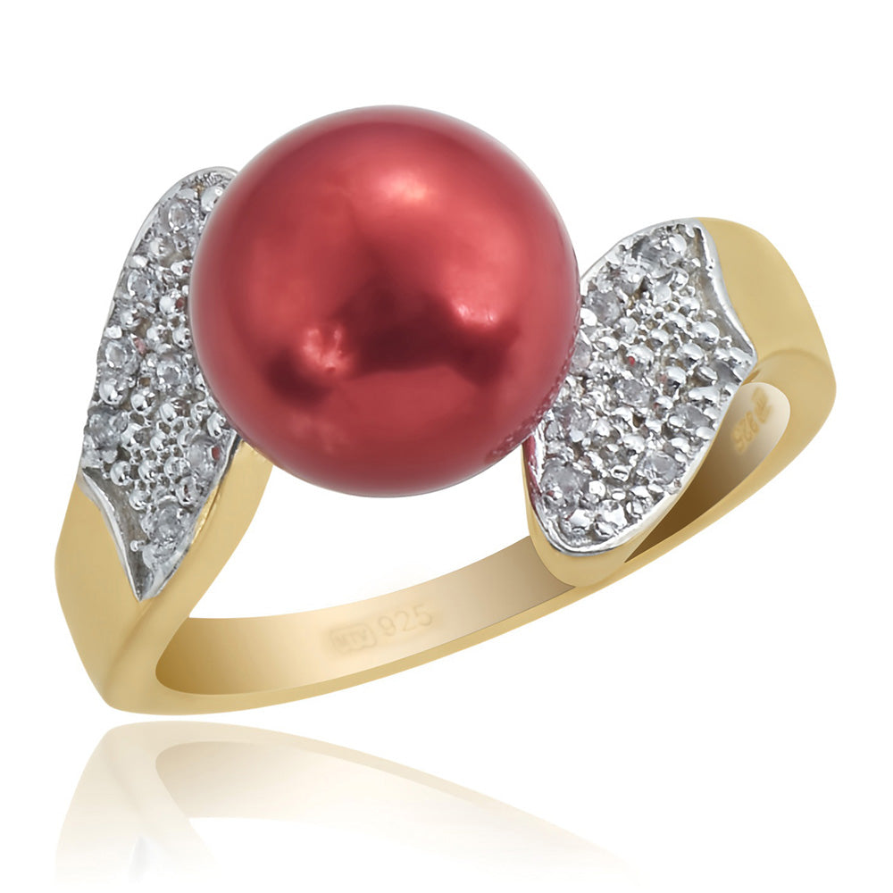 Inel din Argint 925 Placat cu Aur ( 4.99 grame ) cu Perlă de apă dulce roșie și Topaz Alb 7.49 Carate