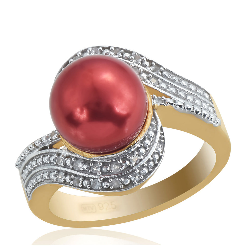 Inel din Argint 925 Placat cu Aur ( 4.99 grame ) cu Perlă de apă dulce roșie și Topaz Alb 7.49 Carate 2 