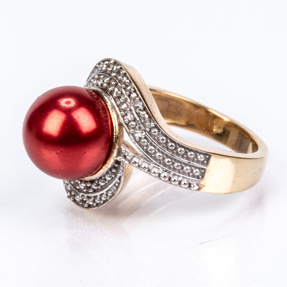 Inel din Argint 925 Placat cu Aur ( 4.99 grame ) cu Perlă de apă dulce roșie și Topaz Alb 7.49 Carate 3 