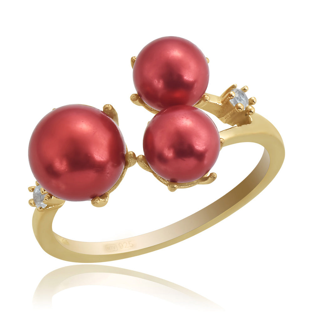 Inel din Argint 925 Placat cu Aur ( 2.2 grame ) cu Perlă de apă dulce roșie și Topaz Alb 8.03 Carate