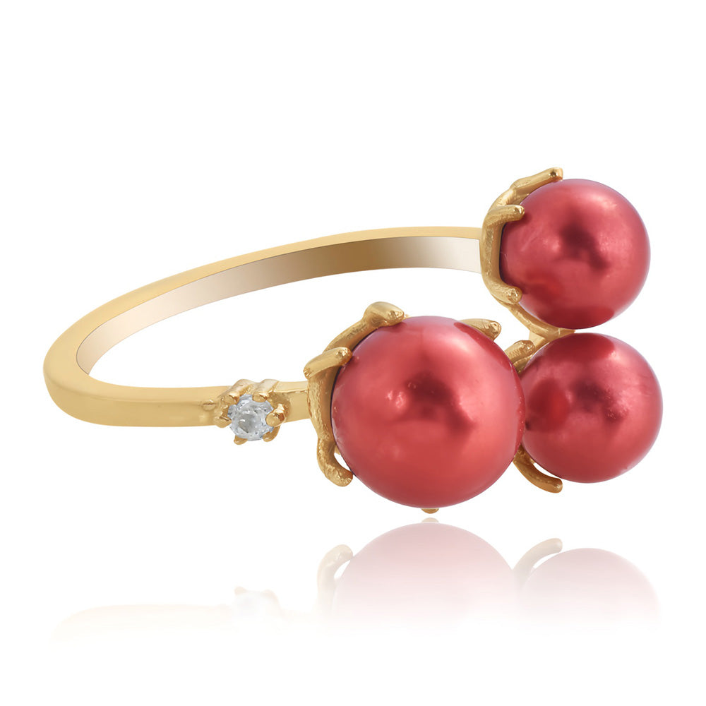 Inel din Argint 925 Placat cu Aur ( 2.2 grame ) cu Perlă de apă dulce roșie și Topaz Alb 8.03 Carate 3 