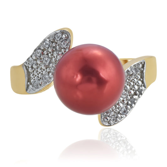 Inel din Argint 925 Placat cu Aur ( 4.13 grame ) cu Perlă de apă dulce roșie și Topaz Alb 7.38 Carate