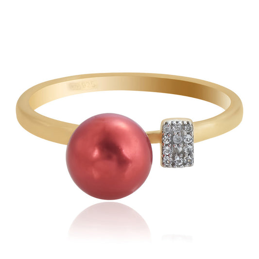 Inel din Argint 925 Placat cu Aur ( 2.21 grame ) cu Perlă de apă dulce roșie și Topaz Alb 3.96 Carate
