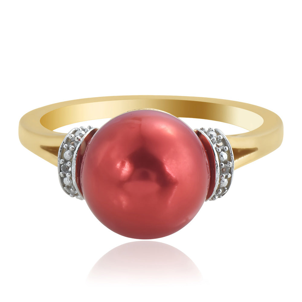 Inel din Argint 925 Placat cu Aur ( 2.89 grame ) cu Perlă de apă dulce roșie și Topaz Alb 7.48 Carate 2 