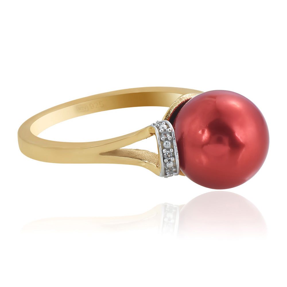 Inel din Argint 925 Placat cu Aur ( 2.89 grame ) cu Perlă de apă dulce roșie și Topaz Alb 7.48 Carate 3 