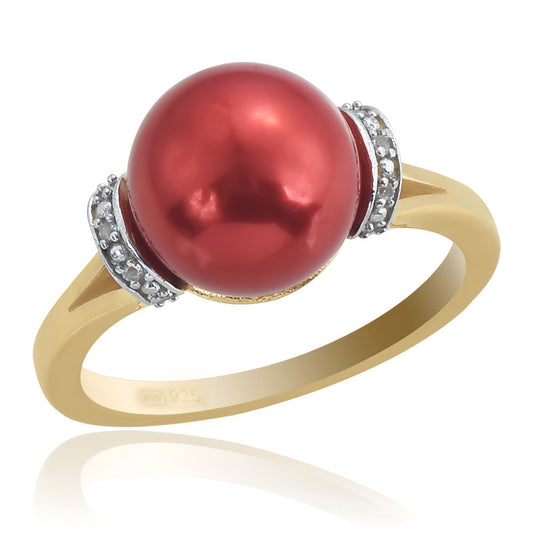 Inel din Argint 925 Placat cu Aur ( 2.89 grame ) cu Perlă de apă dulce roșie și Topaz Alb 7.48 Carate
