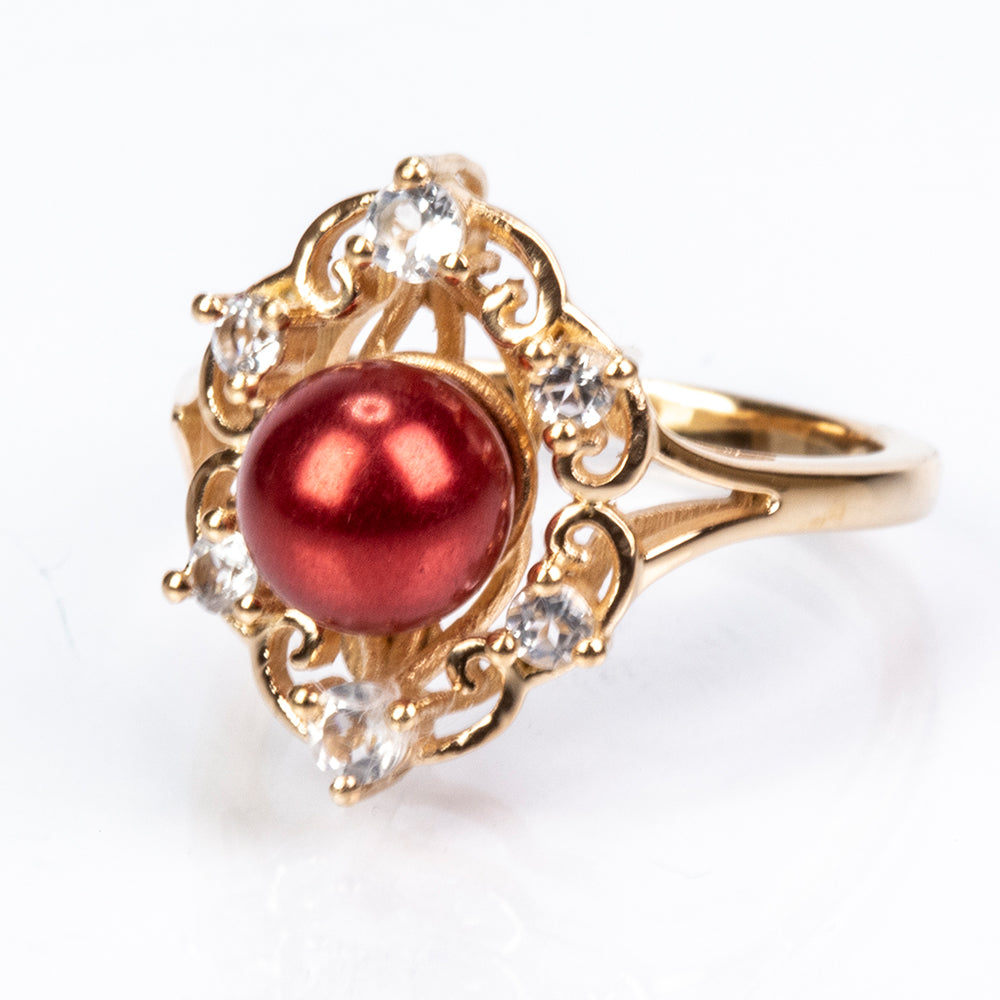 Inel din Argint 925 Placat cu Aur ( 4.11 grame ) cu Perlă de apă dulce roșie și Topaz Alb 4.46 Carate 2 