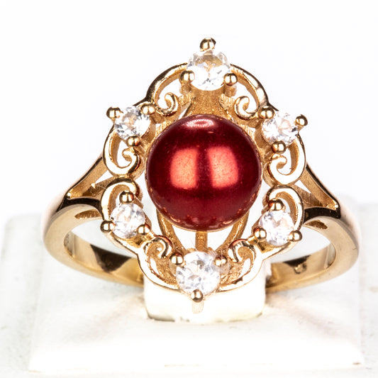 Inel din Argint 925 Placat cu Aur ( 4.11 grame ) cu Perlă de apă dulce roșie și Topaz Alb 4.46 Carate