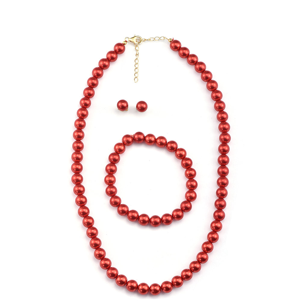 Set din Argint 925 Placat cu Aur ( 1.81 grame ) cu Perlă de apă dulce roșie 314.2 Carate ( Colier+Cercei+Brățară ) 1 