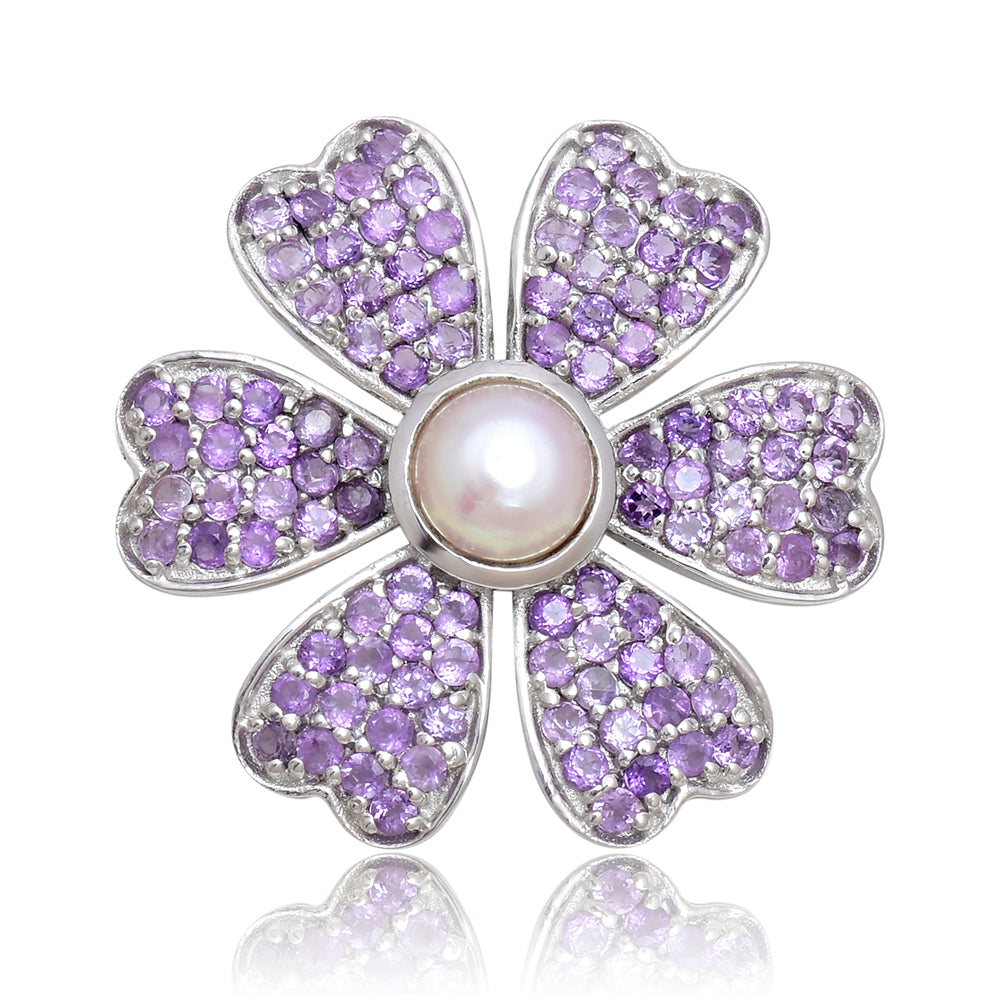 Broşă din Argint 925 ( 4.31 grame ) cu Ametist Marocan și Perlă de Apă Dulce Albă 0.85 Carate