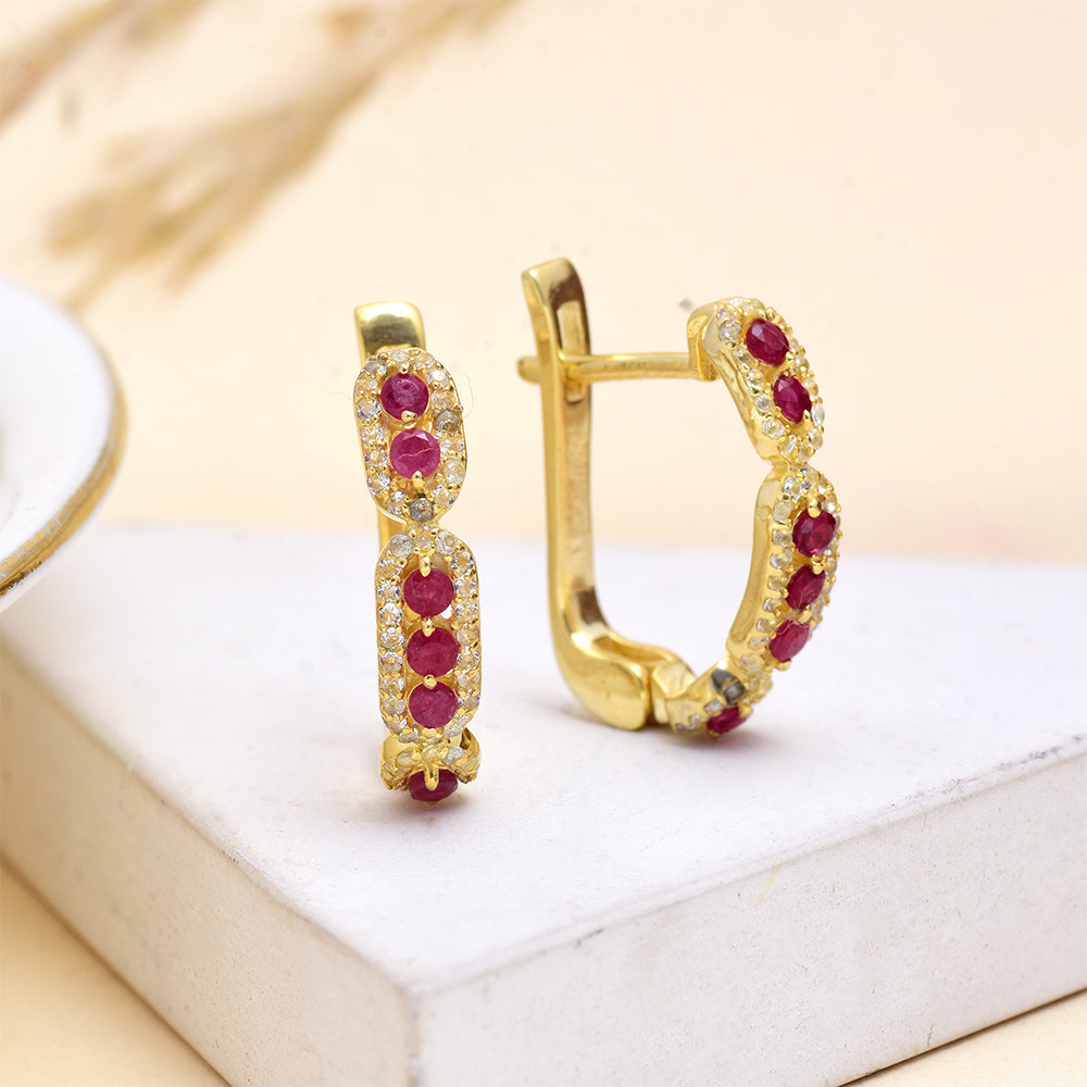 Cercei din Argint 925 Placat cu Aur ( 4.57 grame ) cu Rubin Malagasy și Topaz Alb 0.01 Carate 2 