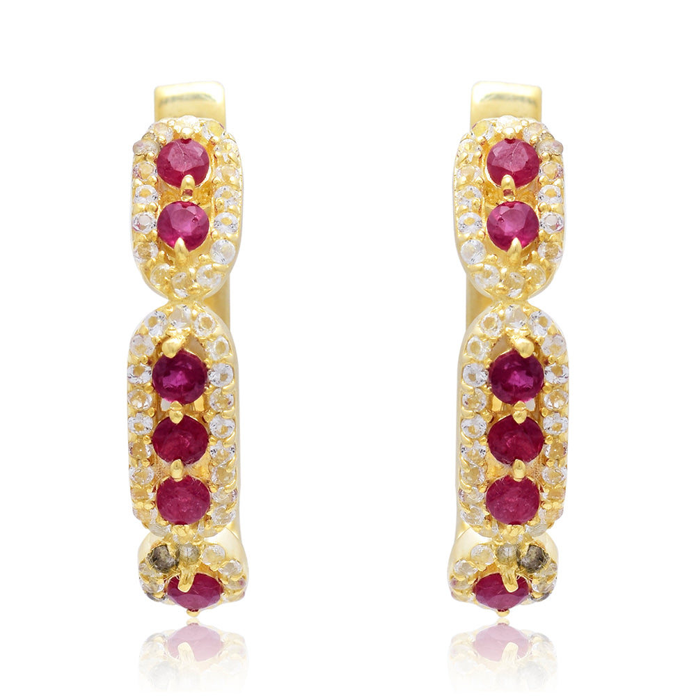 Cercei din Argint 925 Placat cu Aur ( 4.57 grame ) cu Rubin Malagasy și Topaz Alb 0.01 Carate 1 