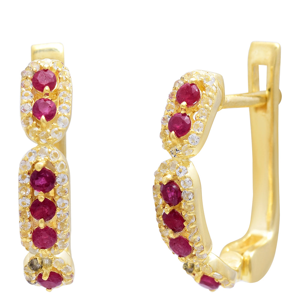 Cercei din Argint 925 Placat cu Aur ( 4.57 grame ) cu Rubin Malagasy și Topaz Alb 0.01 Carate 9 