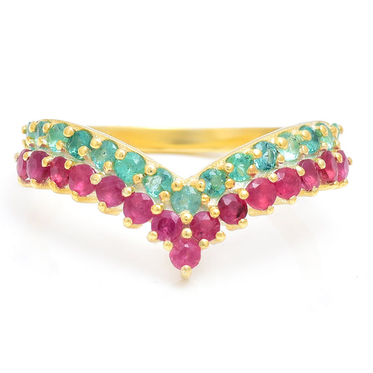 Inel din Argint 925 Placat cu Aur ( 2.53 grame ) cu Rubin Malagasy și Smarald Brazilian 0.9 Carate