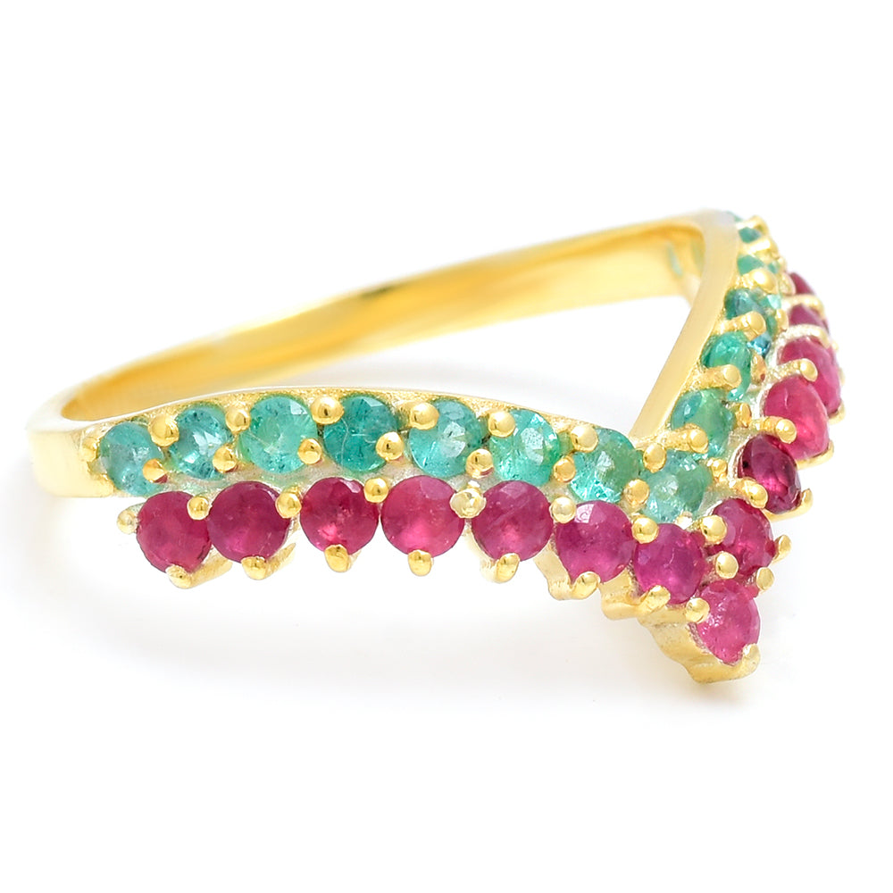 Inel din Argint 925 Placat cu Aur ( 2.53 grame ) cu Rubin Malagasy și Smarald Brazilian 0.9 Carate 2 