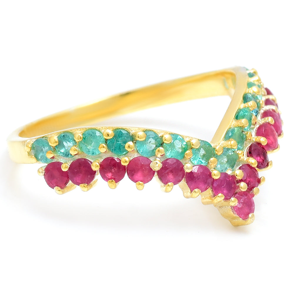 Inel din Argint 925 Placat cu Aur ( 2.53 grame ) cu Rubin Malagasy și Smarald Brazilian 0.9 Carate