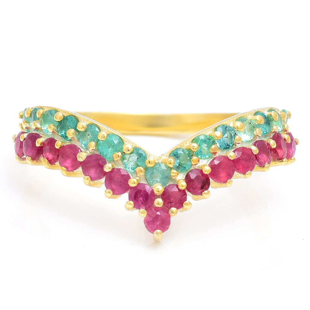 Inel din Argint 925 Placat cu Aur ( 2.53 grame ) cu Rubin Malagasy și Smarald Brazilian 0.9 Carate 3 