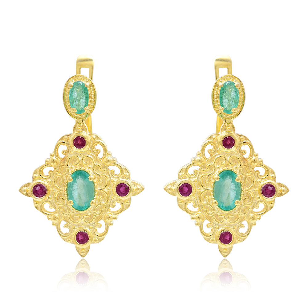 Cercei din Argint 925 Placat cu Aur ( 7.21 grame ) cu Rubin Malagasy și Smarald Brazilian 1.96 Carate 1 