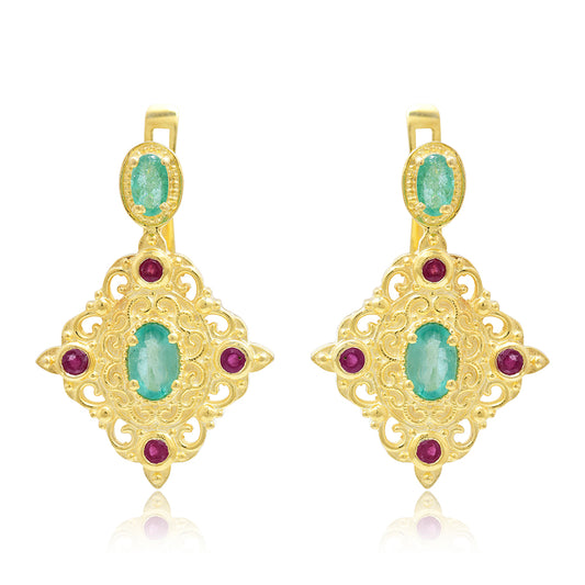 Cercei din Argint 925 Placat cu Aur ( 7.21 grame ) cu Rubin Malagasy și Smarald Brazilian 1.96 Carate